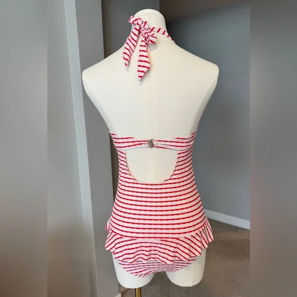 NWOT Red and White Striped One Piece Ruffle Skirt Vintage Style Swimsuit - Picture 2 of 5